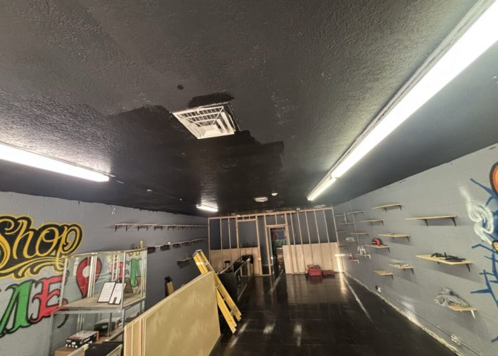 Wall shelving and ceiling lights during shop construction