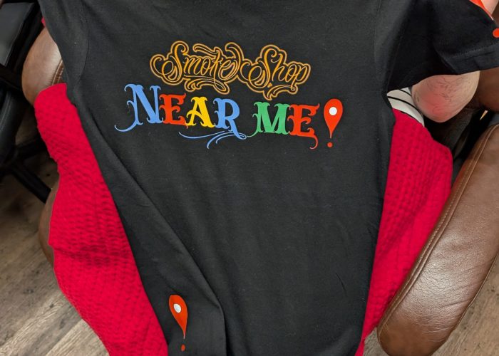 Black shirt with Smoke Shop Near Me logo