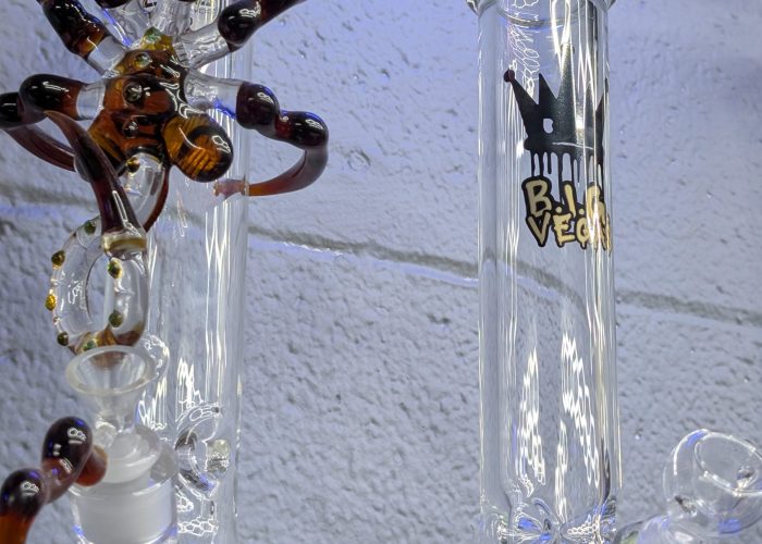 Clear American glass scorpion water pipe in store.